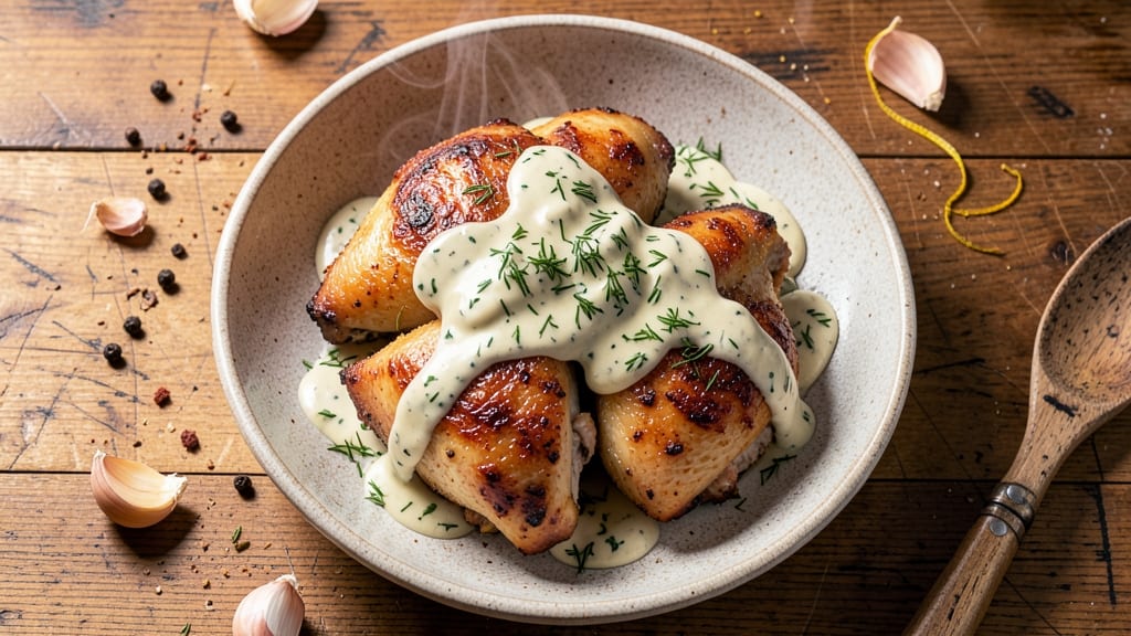 Baked Chicken Thighs Recipe with Ranch Dressing: Crispy Crust and Cool Creamy Drizzle