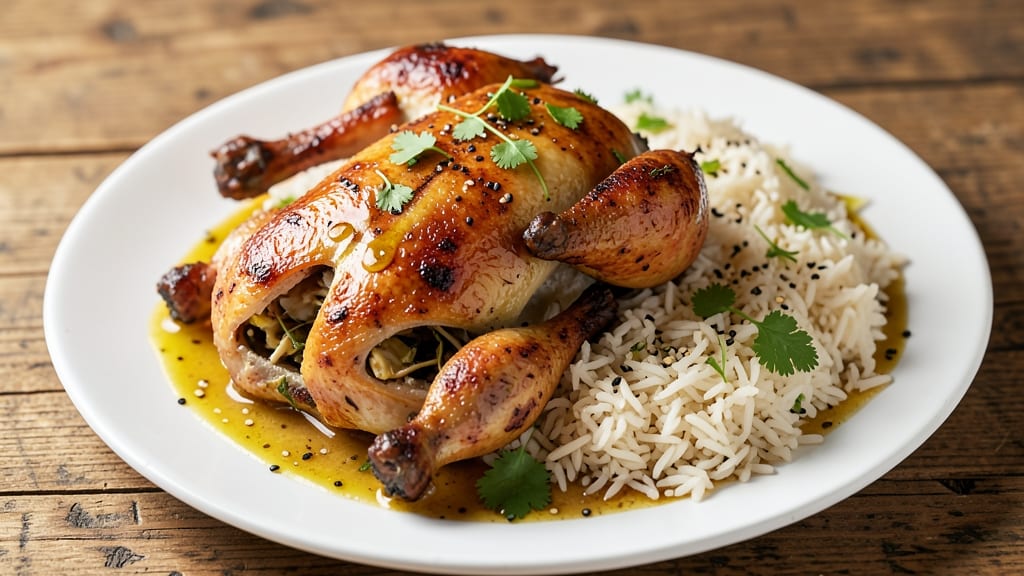 Baked Whole Chicken and Rice Recipe: One-Pan Golden Crust and Fluffy Grains